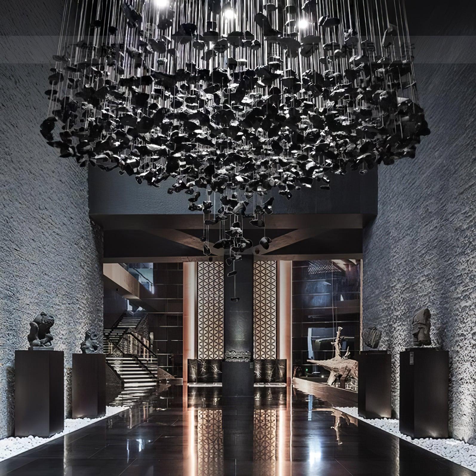 Side view of stone chandelier for scale and shape reference