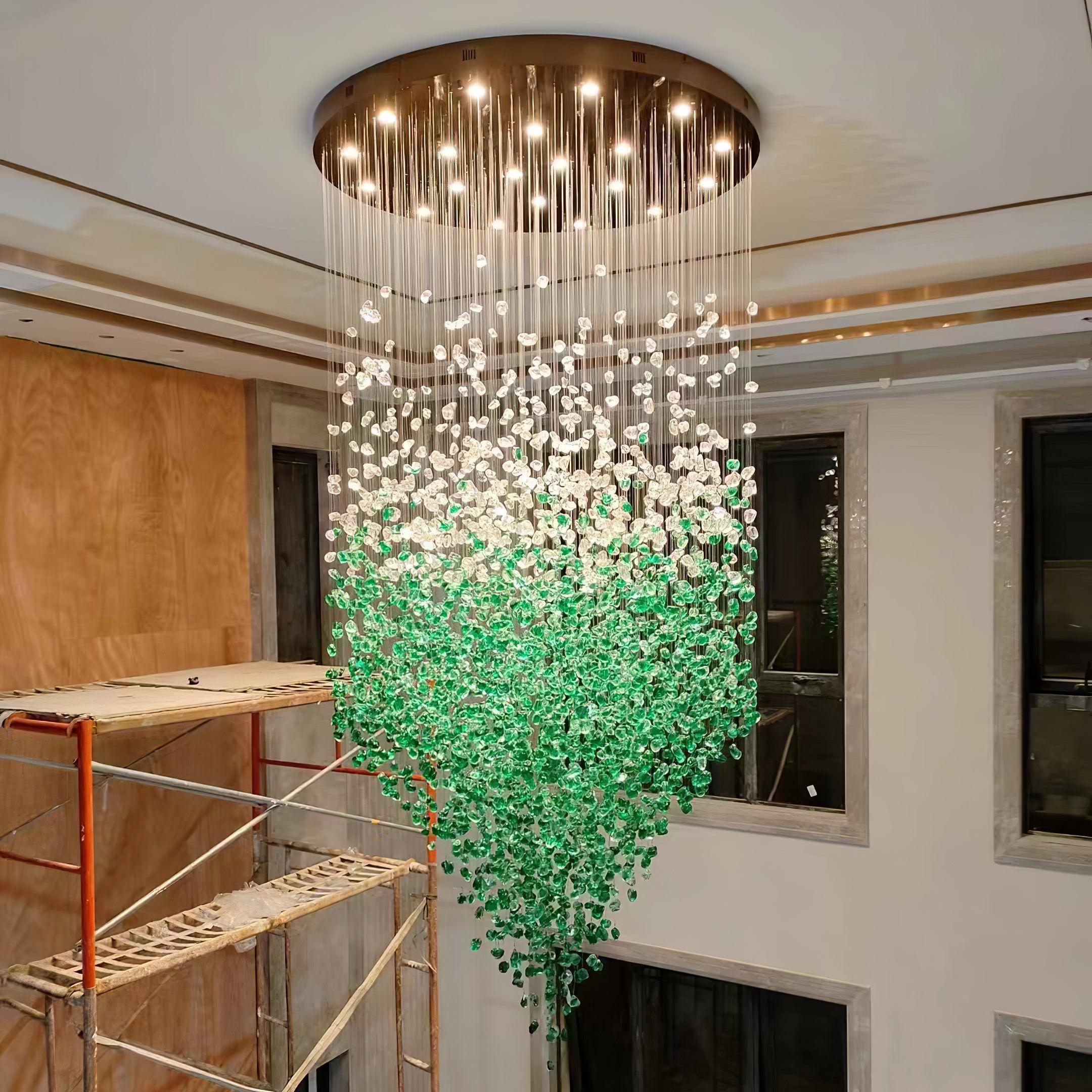 Close-up angle of Multicolor Crystal Stone Electrolier Chandelier showing form and material detail