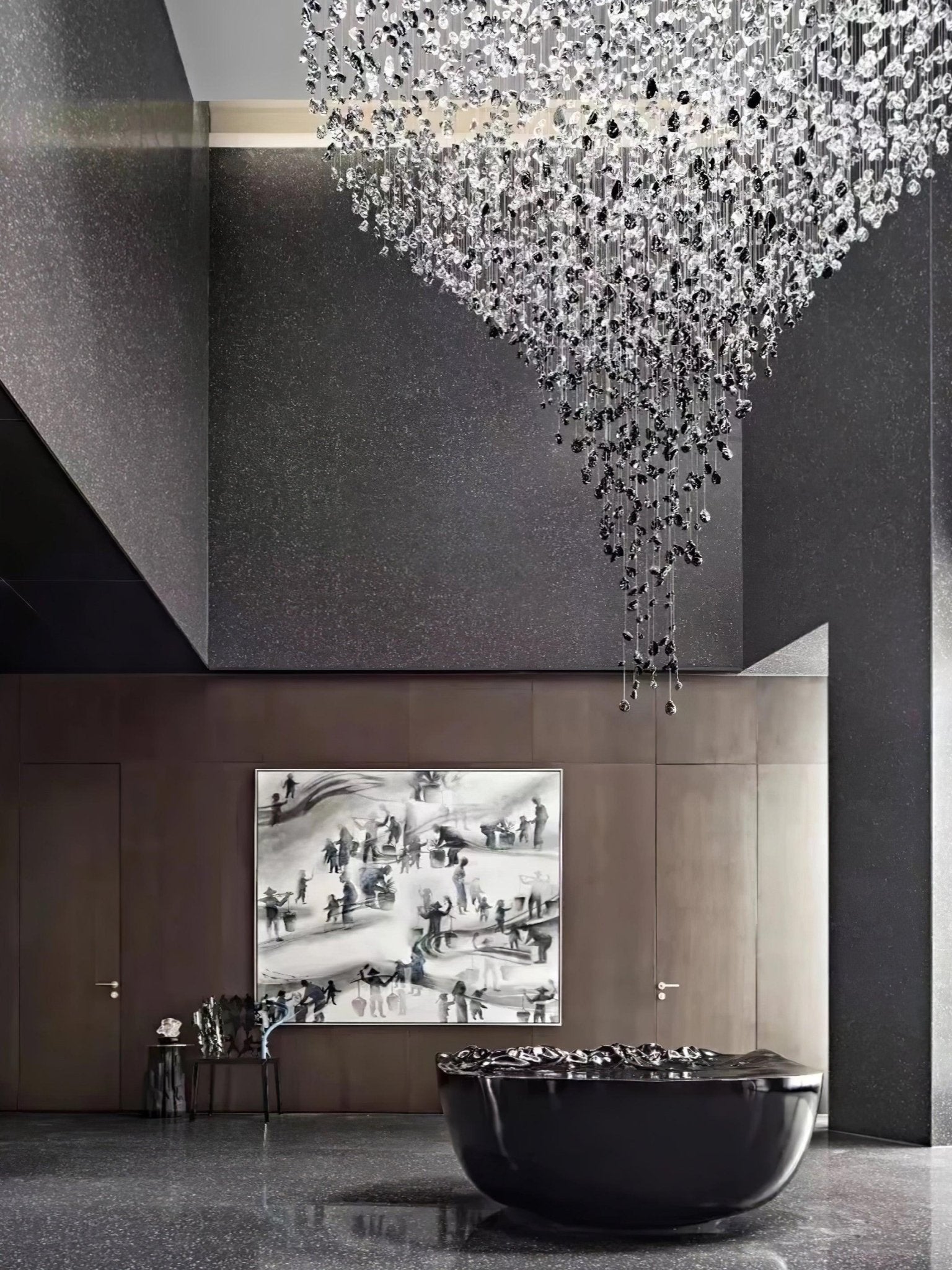 stone chandelier shown as a main product image for open living spaces