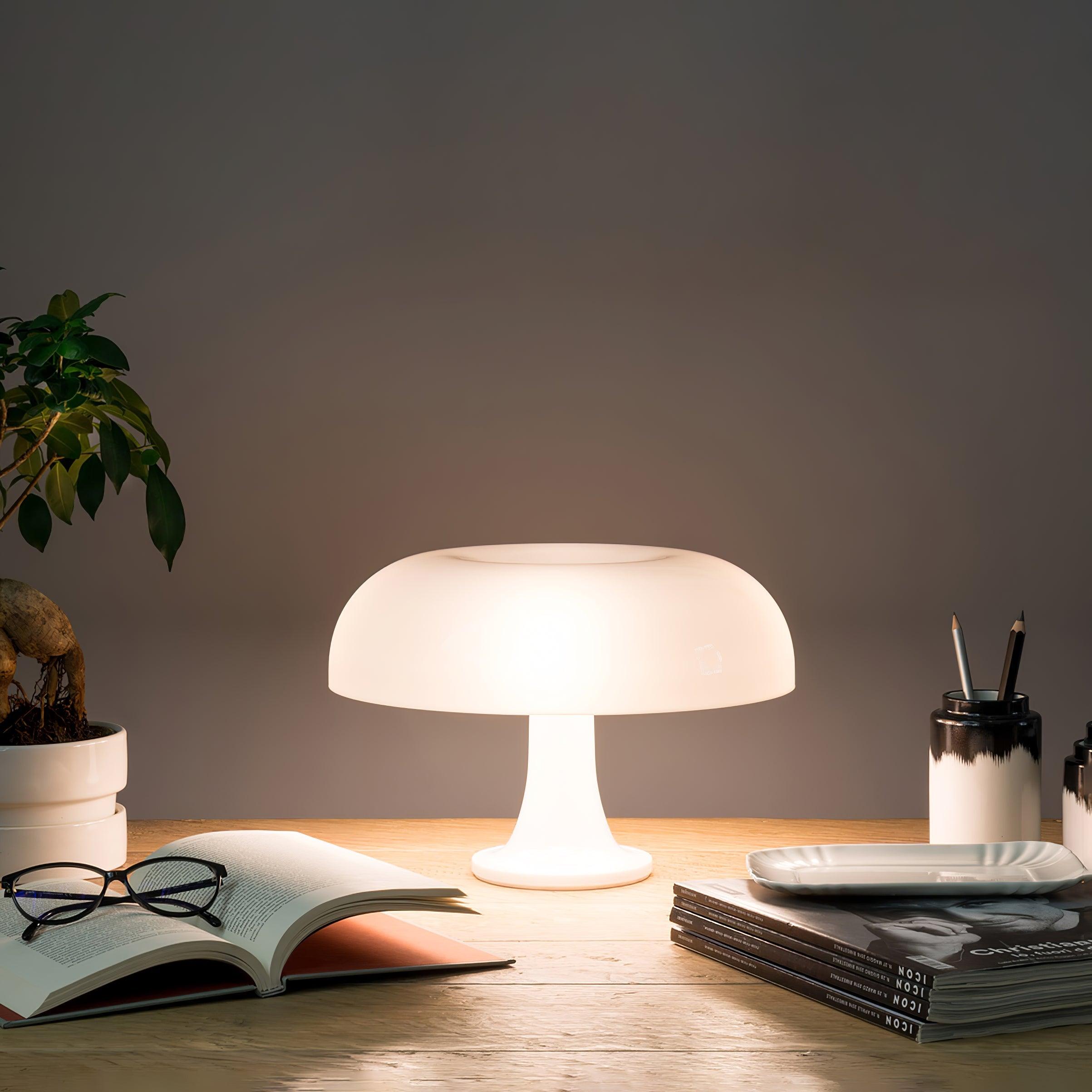 Side view of metal table lamp for scale and shape reference