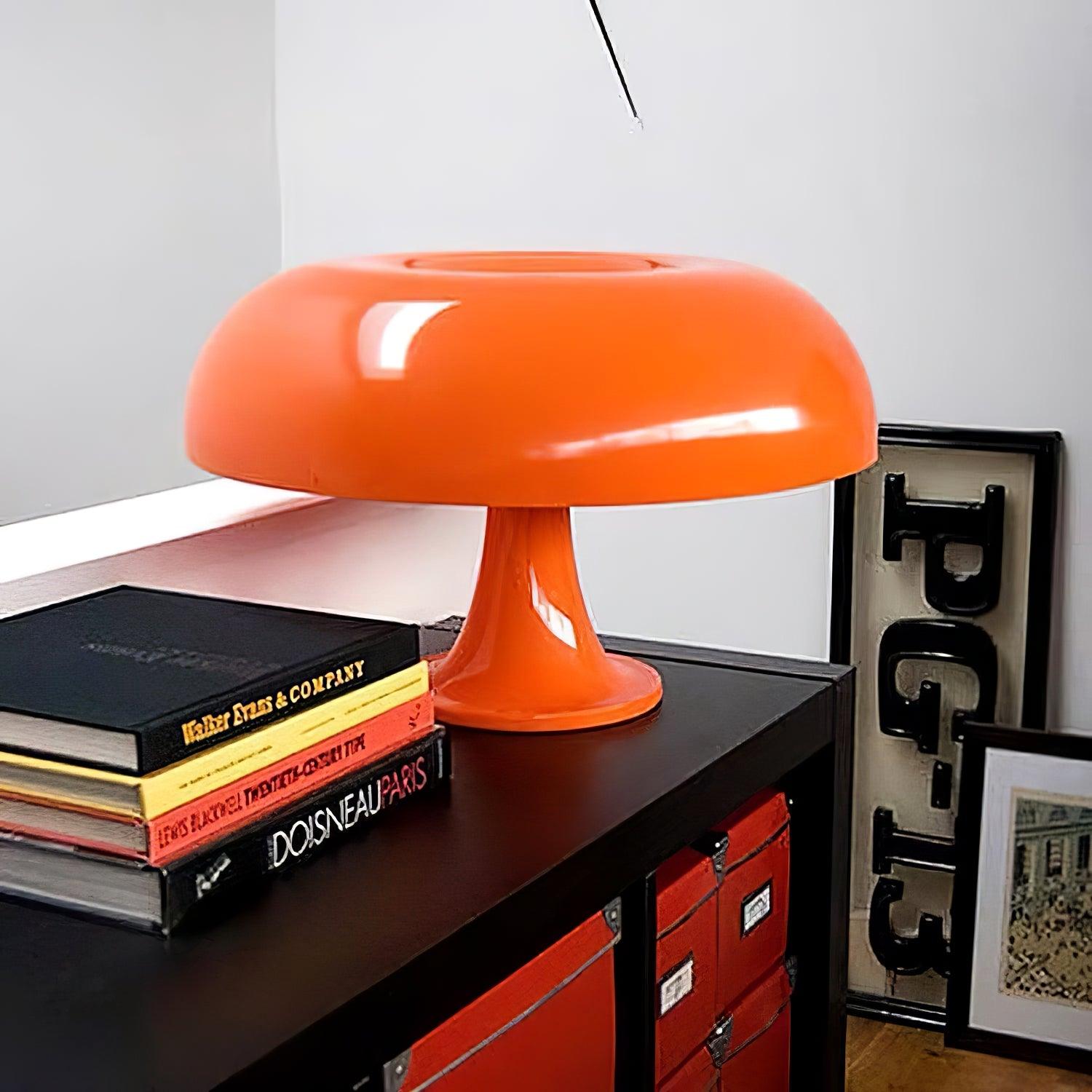 Side view of metal table lamp for scale and shape reference