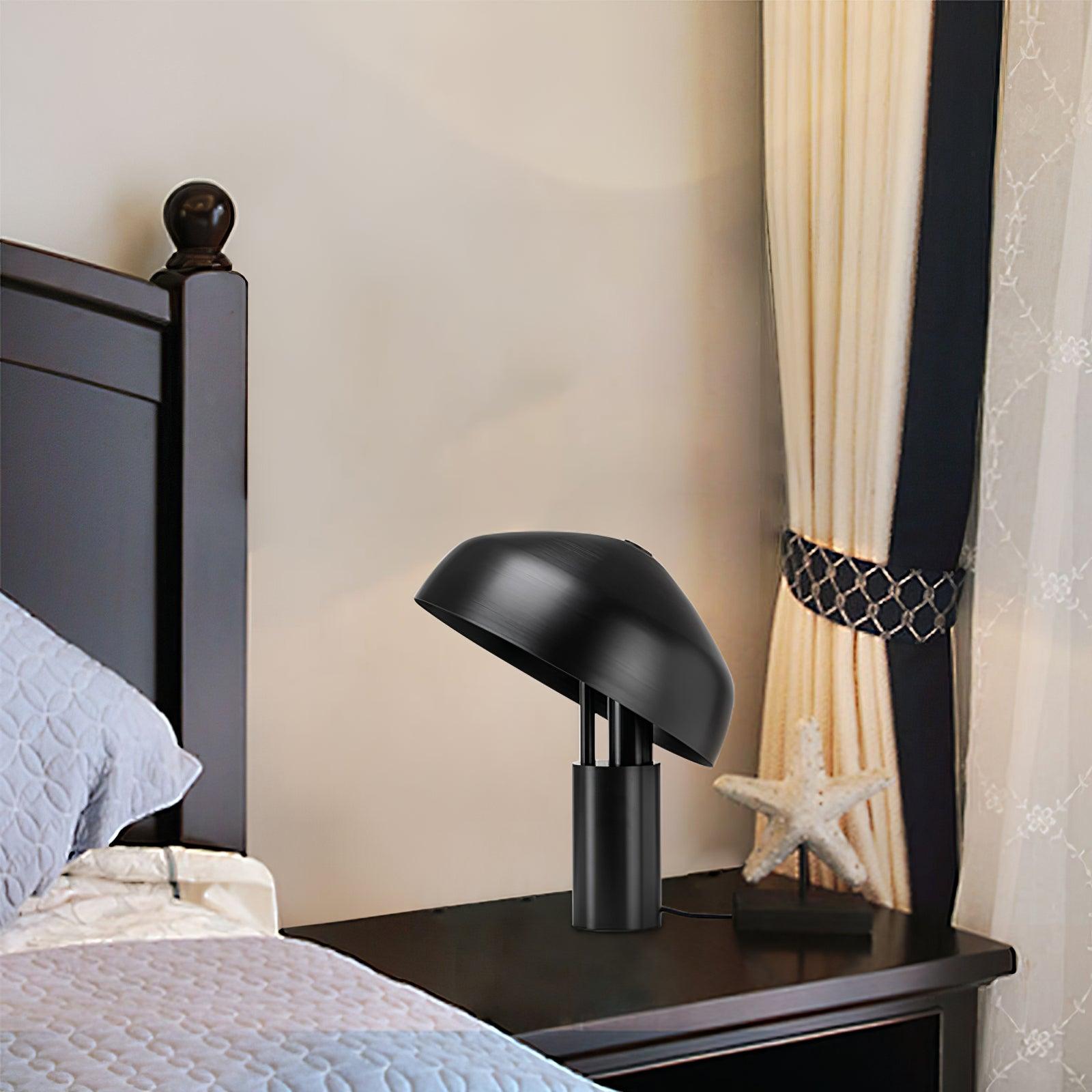Side view of metal table lamp for scale and shape reference