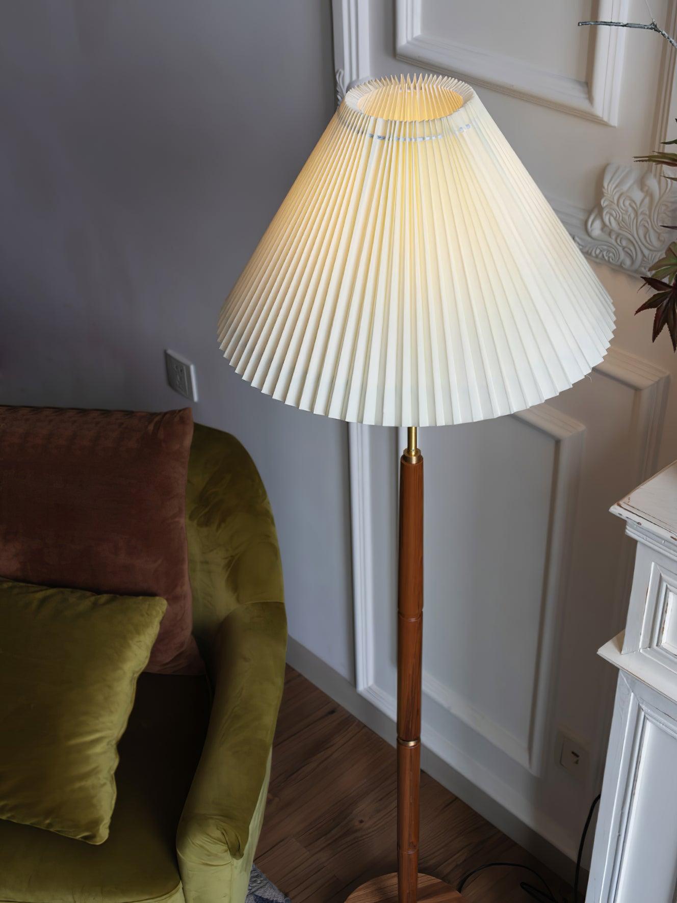 Side view of wood floor lamp for scale and shape reference