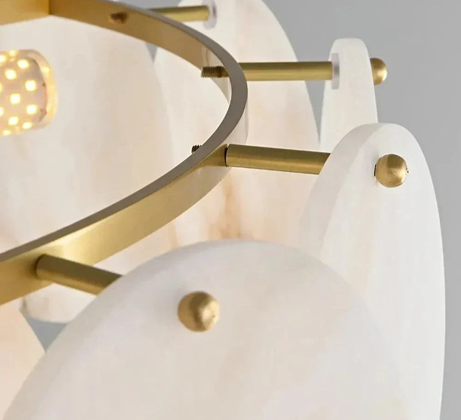 Metal support and panel attachment detail on a chandelier