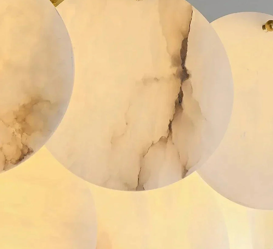 Close view of natural stone chandelier panels and translucency