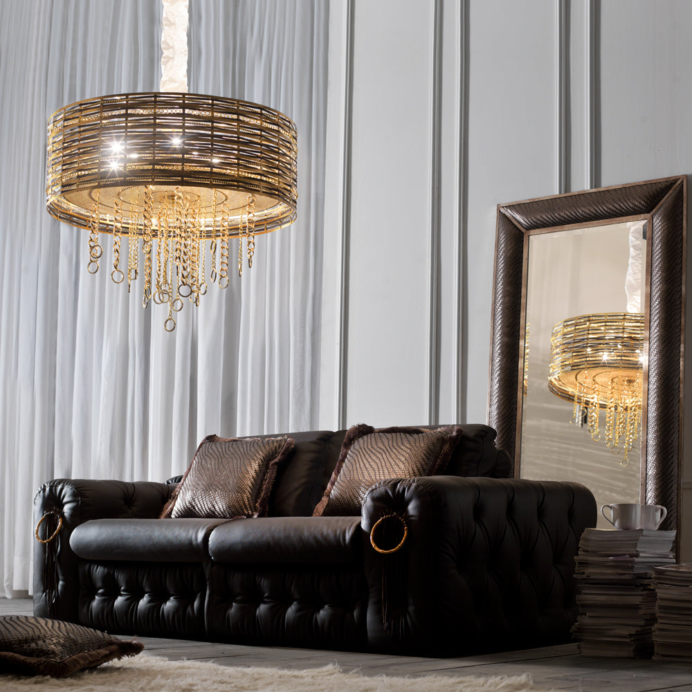 Modern Woven Leather Gold Metal Ceiling Chandelier