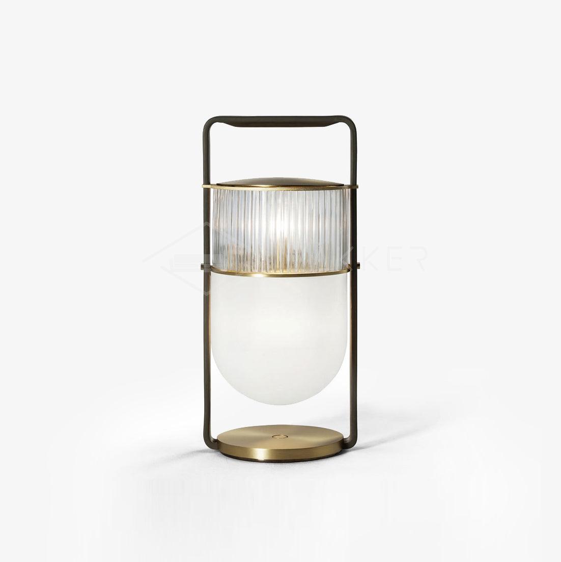 Side view of glass table lamp for scale and shape reference