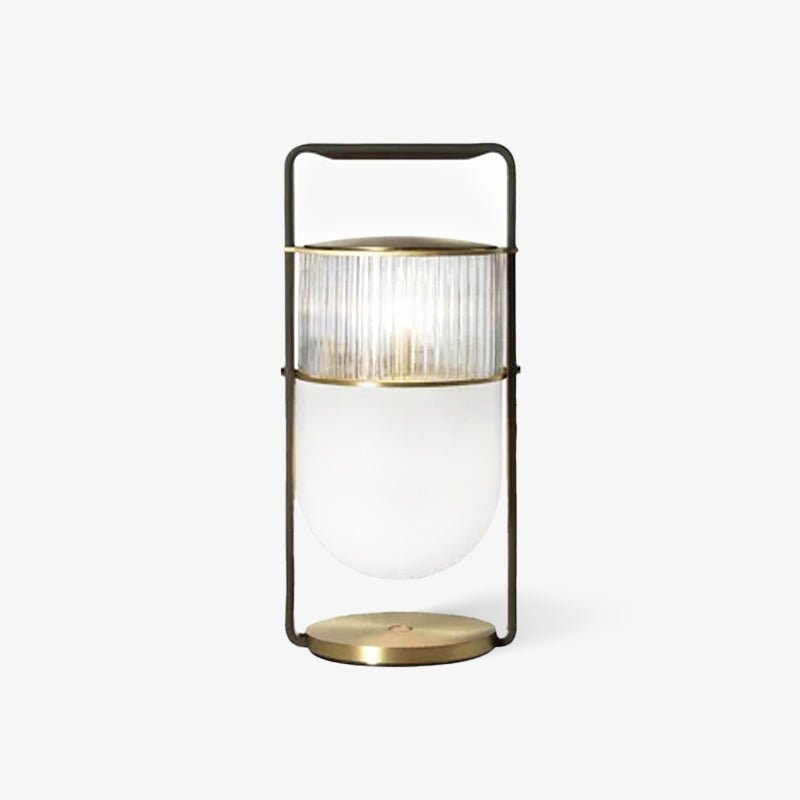 Side view of glass table lamp for scale and shape reference