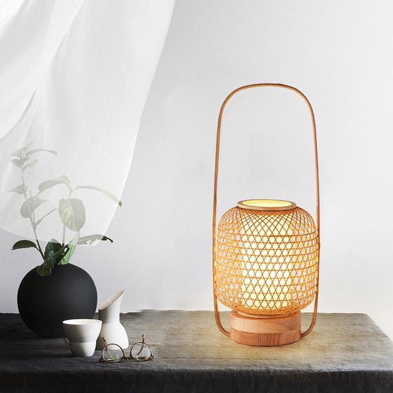 Rustic Woven Bamboo Table Lamp with Cylinder LED Light
