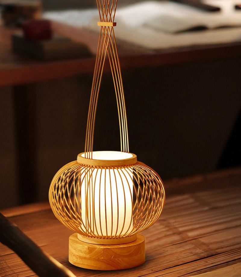 Rustic Woven Bamboo Table Lamp with Cylinder LED Light