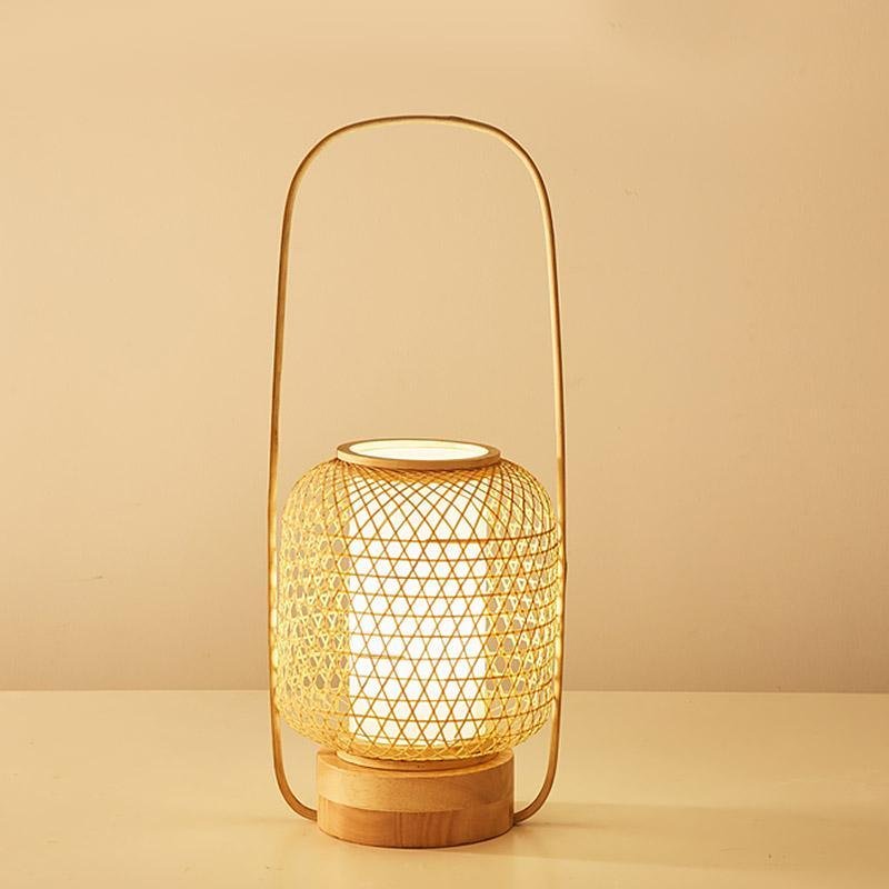 Rustic Woven Bamboo Table Lamp with Cylinder LED Light
