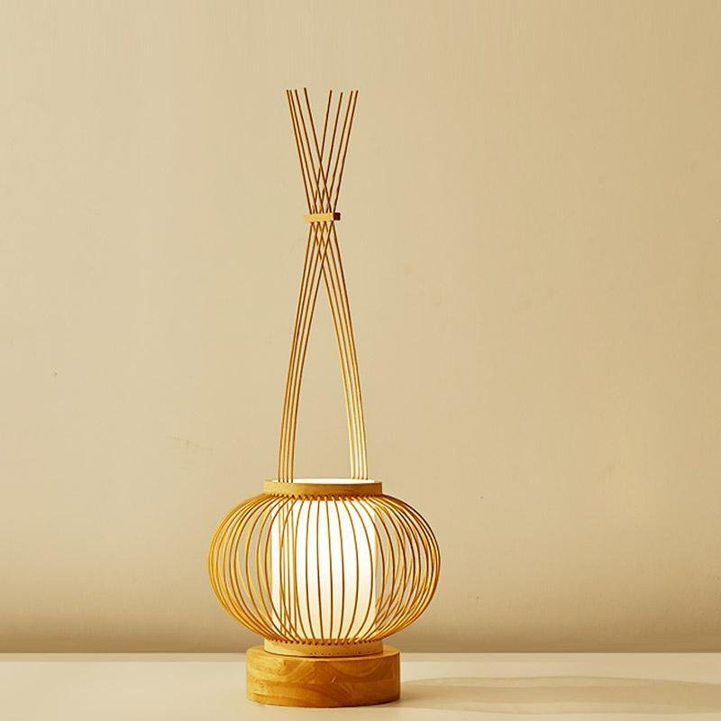 Rustic Woven Bamboo Table Lamp with Cylinder LED Light