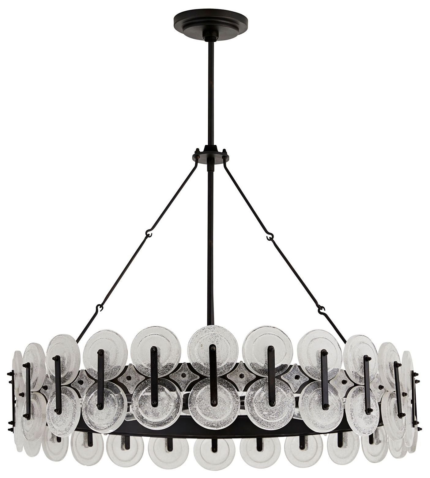 Rondelle Chandelier Blackened Iron, Clear Seedy Glass