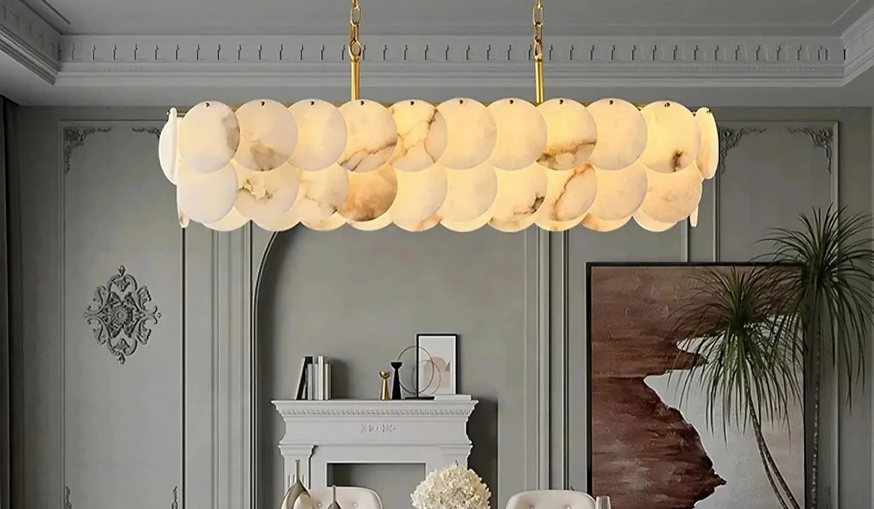 Linear alabaster chandelier shown as a Tianguang Light custom-lighting reference