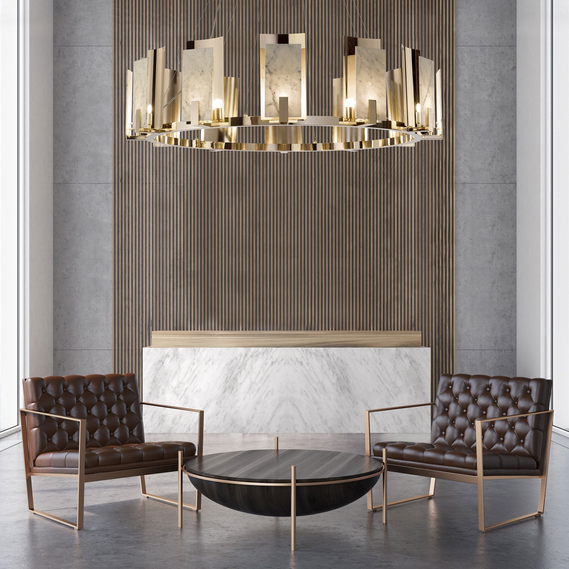 Contemporary Brass and White Carrara Marble Chandelier