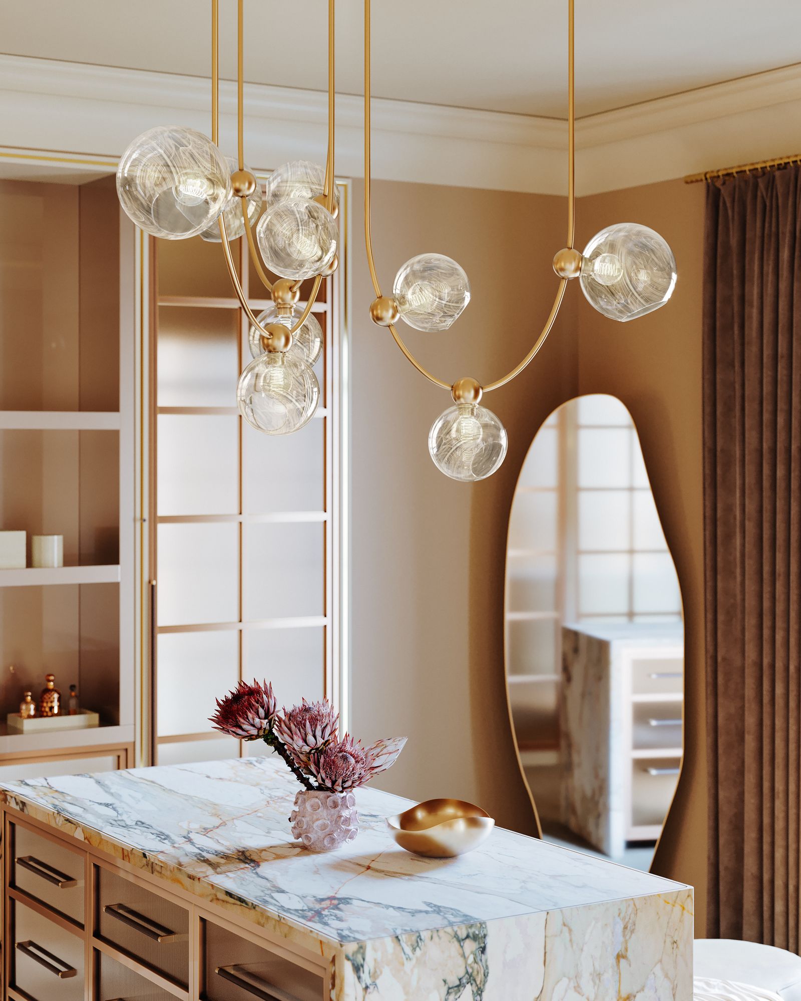 Astraia 66.75" 9-Light. Vintage Brass Chandelier
