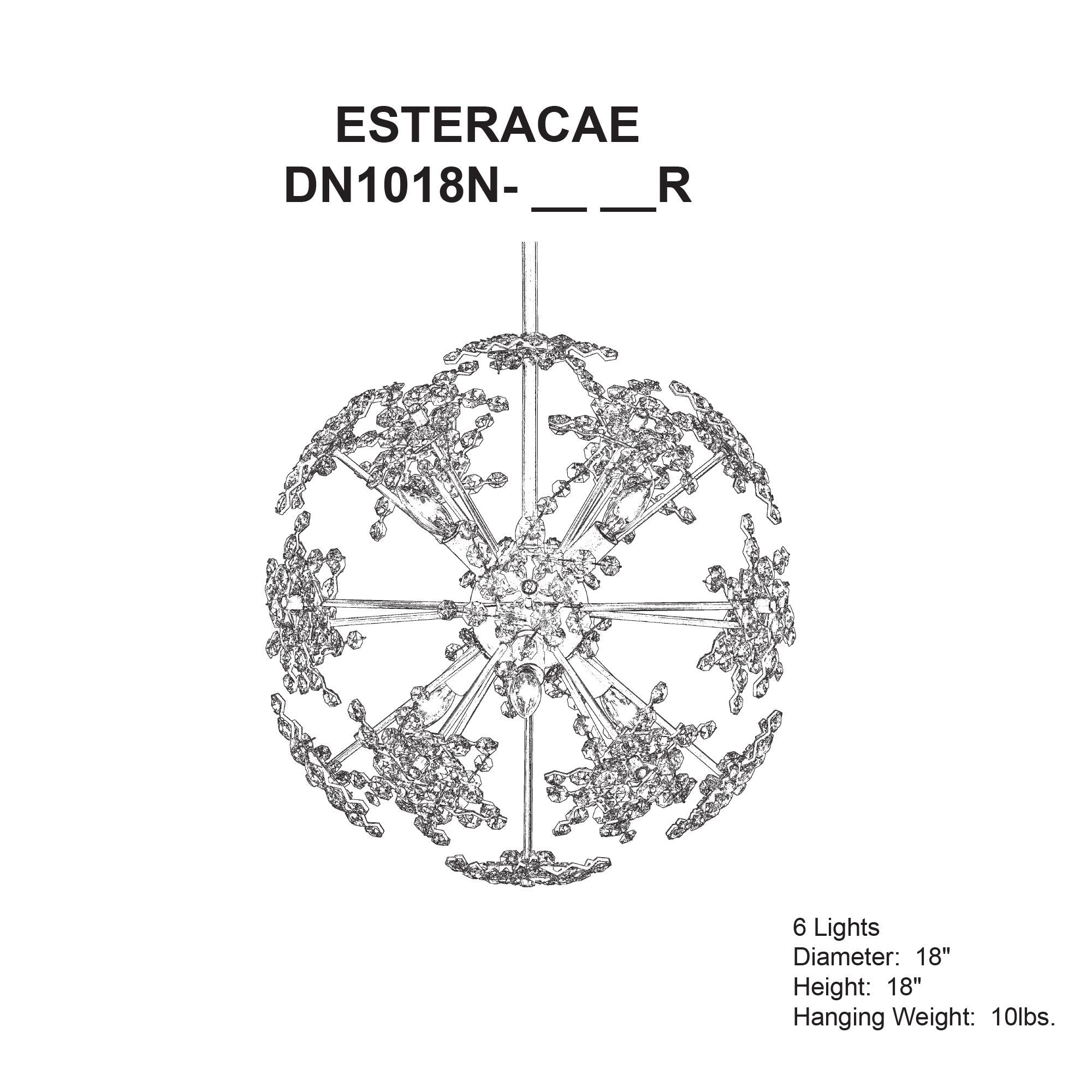Esteracae 18"H X 6-Light Crystal Pendant in Gold