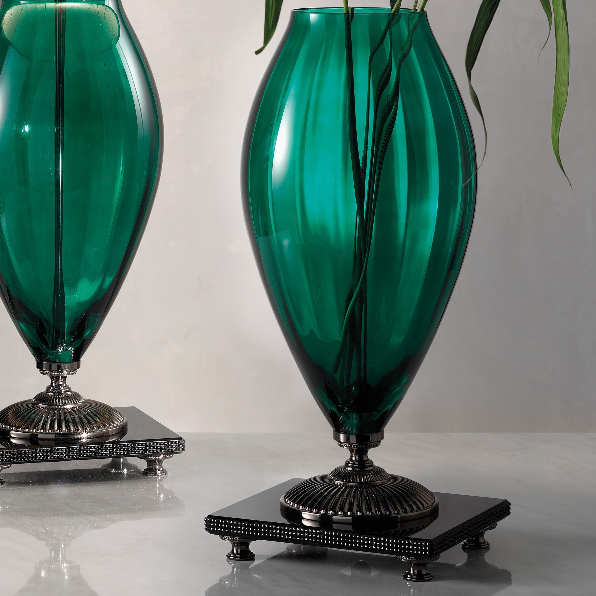 Green Glass Table Lamp and Vase with Rhinestones