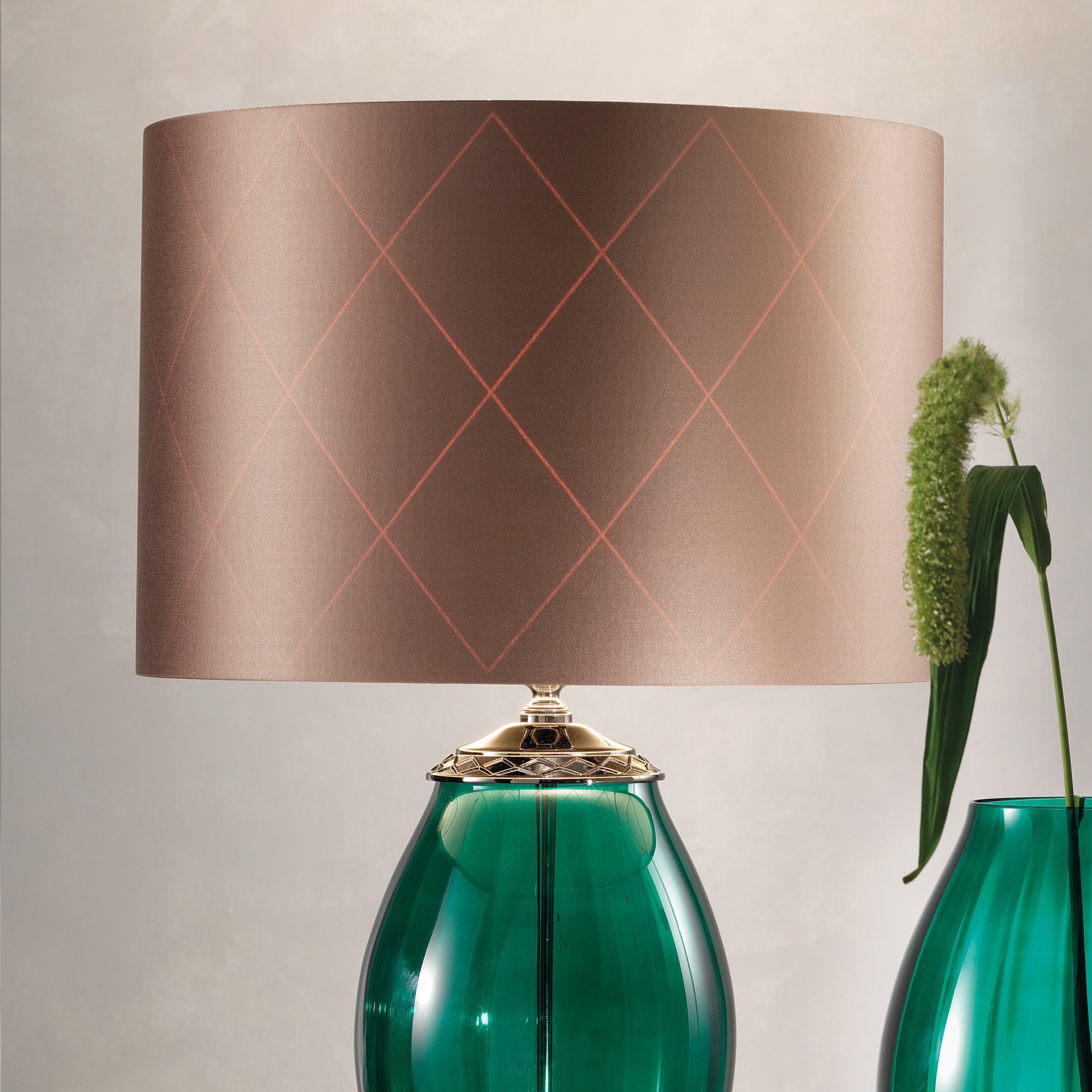 Green Glass Table Lamp and Vase with Rhinestones