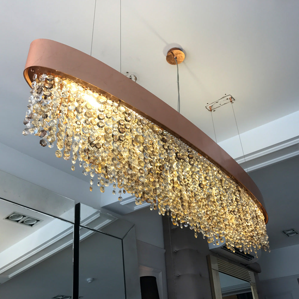 Long Oval Copper Leaf Contemporary Chandelier with Tone