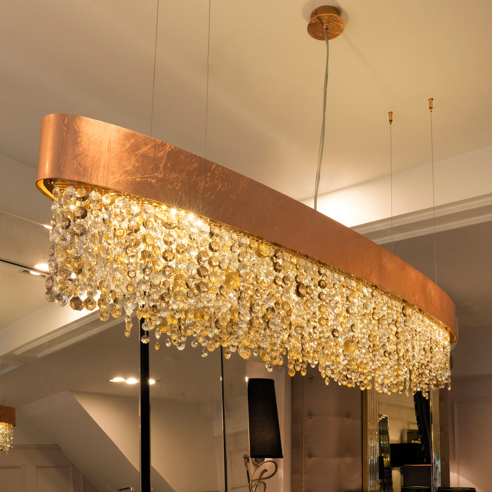 Long Oval Copper Leaf Contemporary Chandelier with Tone