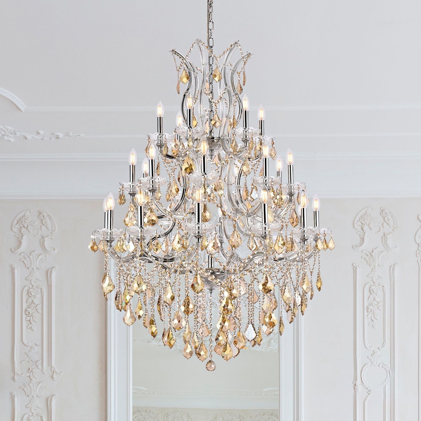 Maria Theresa 28-Light Chrome Chandelier Golden Teak