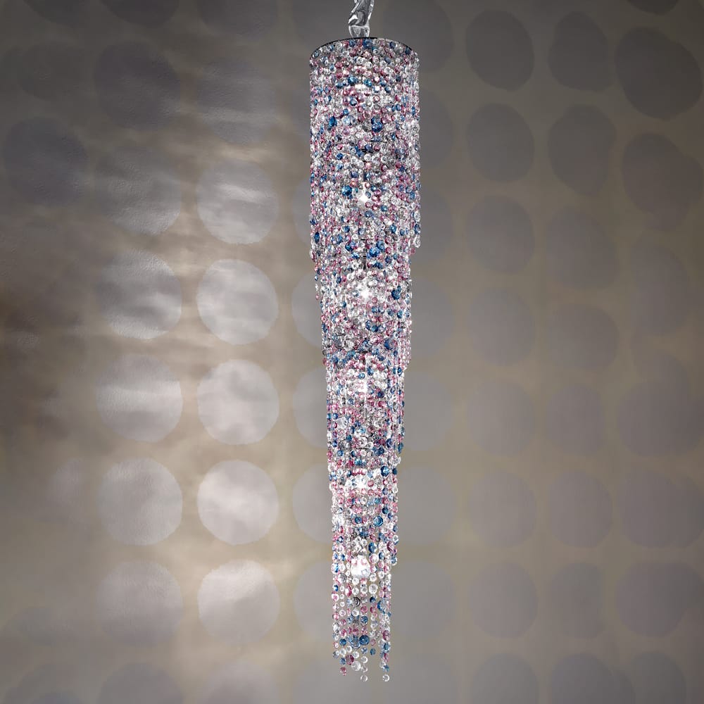 Multi Colored Vertical Stairwell Cut Glass Chandelier