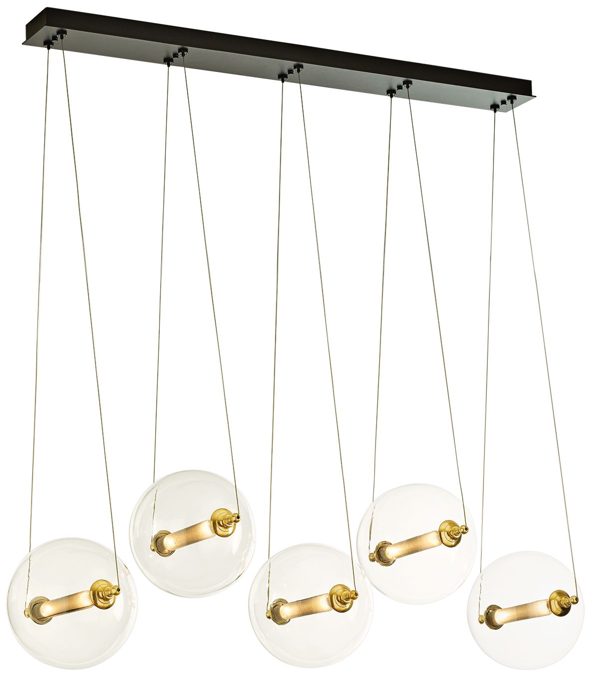 Close-up angle of Otto Sphere 57" Wide 5-Globe Black Pendant Chandelier showing form and material detail