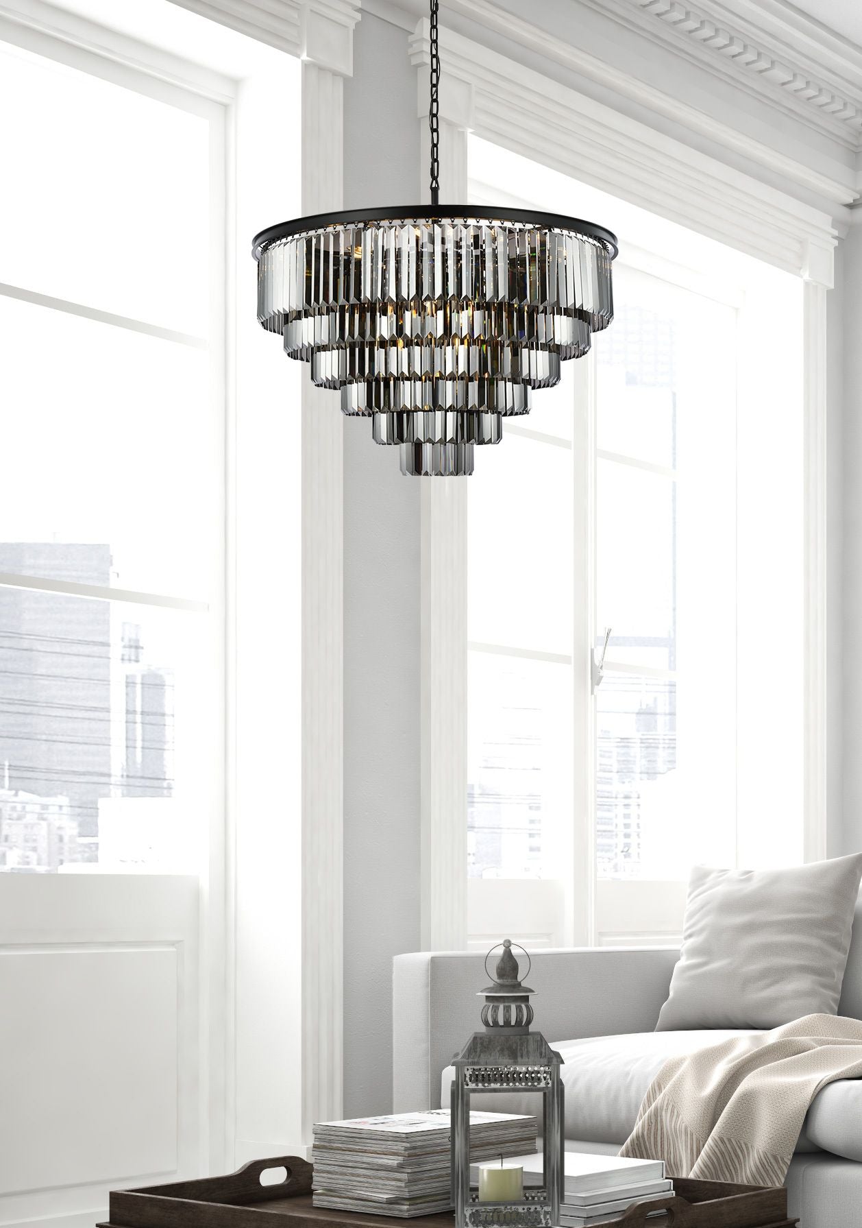 Sydney 33-Light Matte Black Chandelier Silver Shade (Grey)
