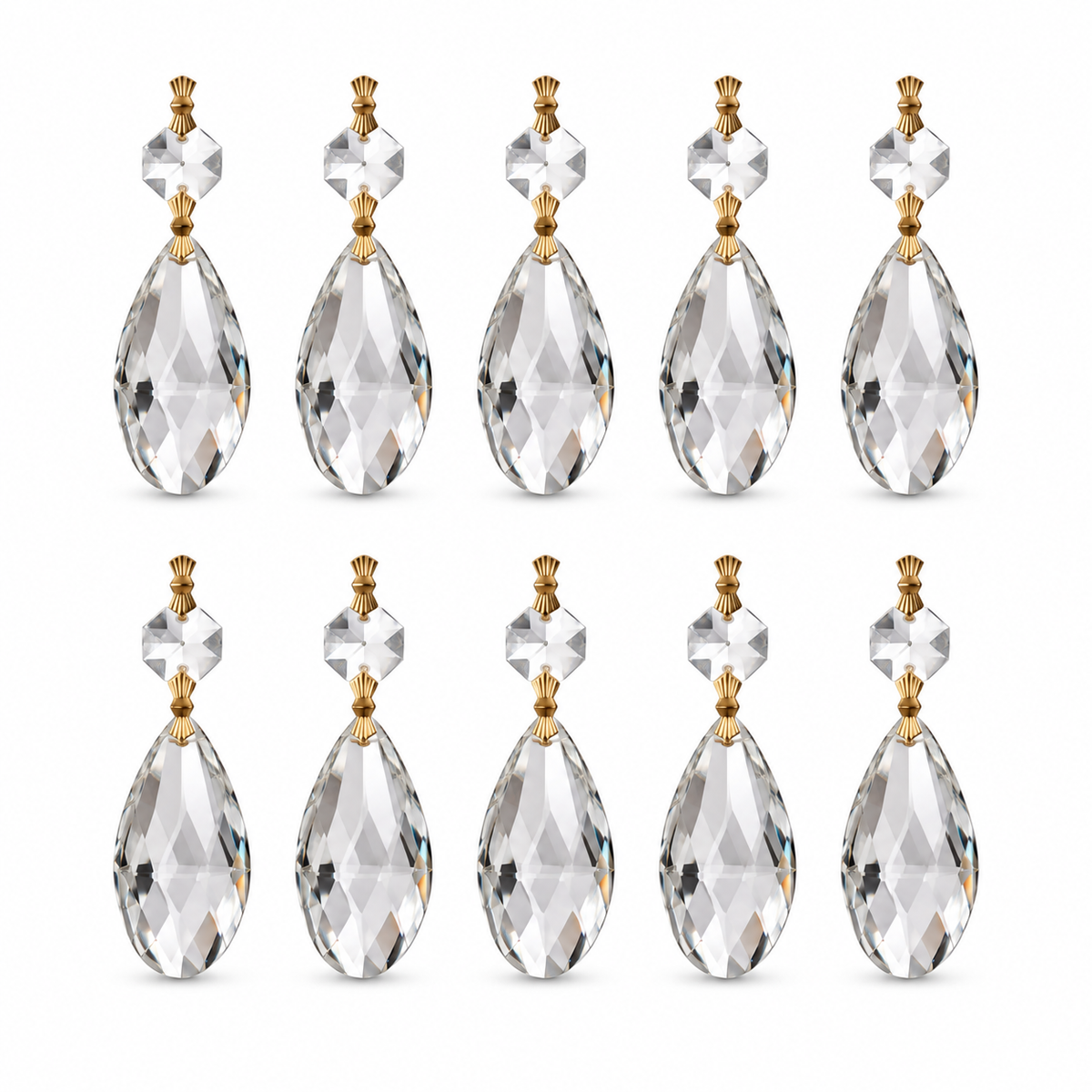 Ten Tianguang almond-shaped crystal drops with one octagonal bead and brass-tone connectors per assembly
