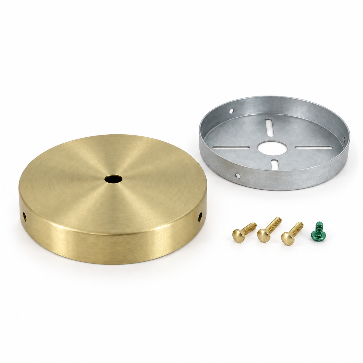 AI product visualization of a Tianguang round brass-tone ceiling canopy and mounting components on white