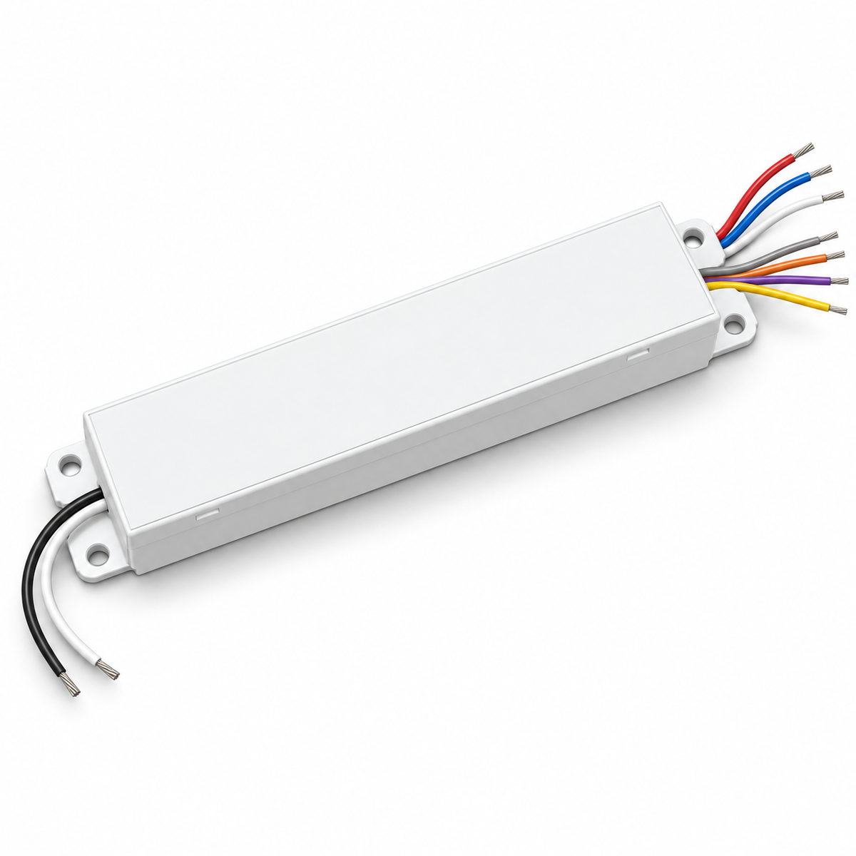Slim metal tunable-white LED driver with four mounting holes and input, LED and control leads