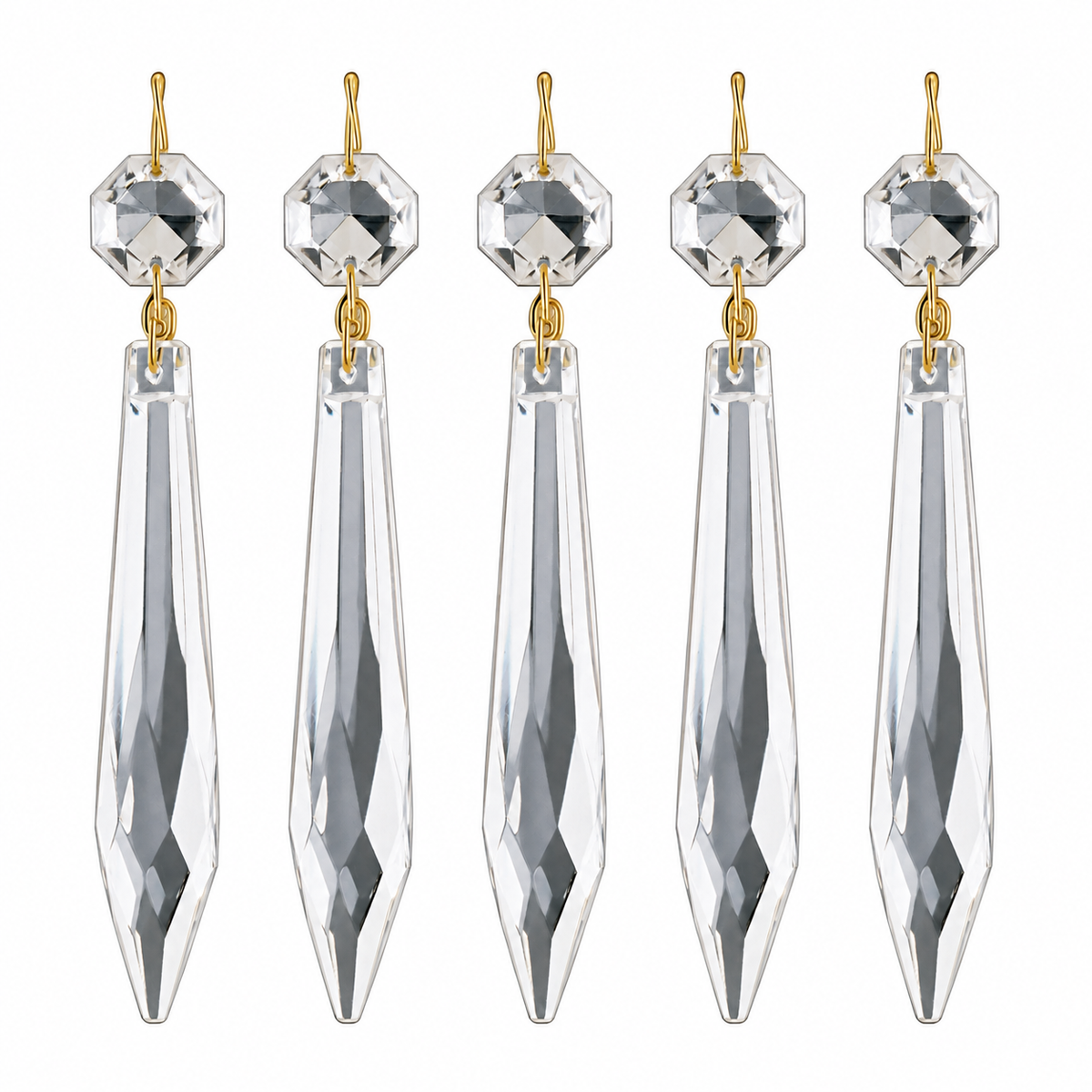 Five Tianguang clear glass chandelier prism assemblies with upper jewels and brass-tone hangers