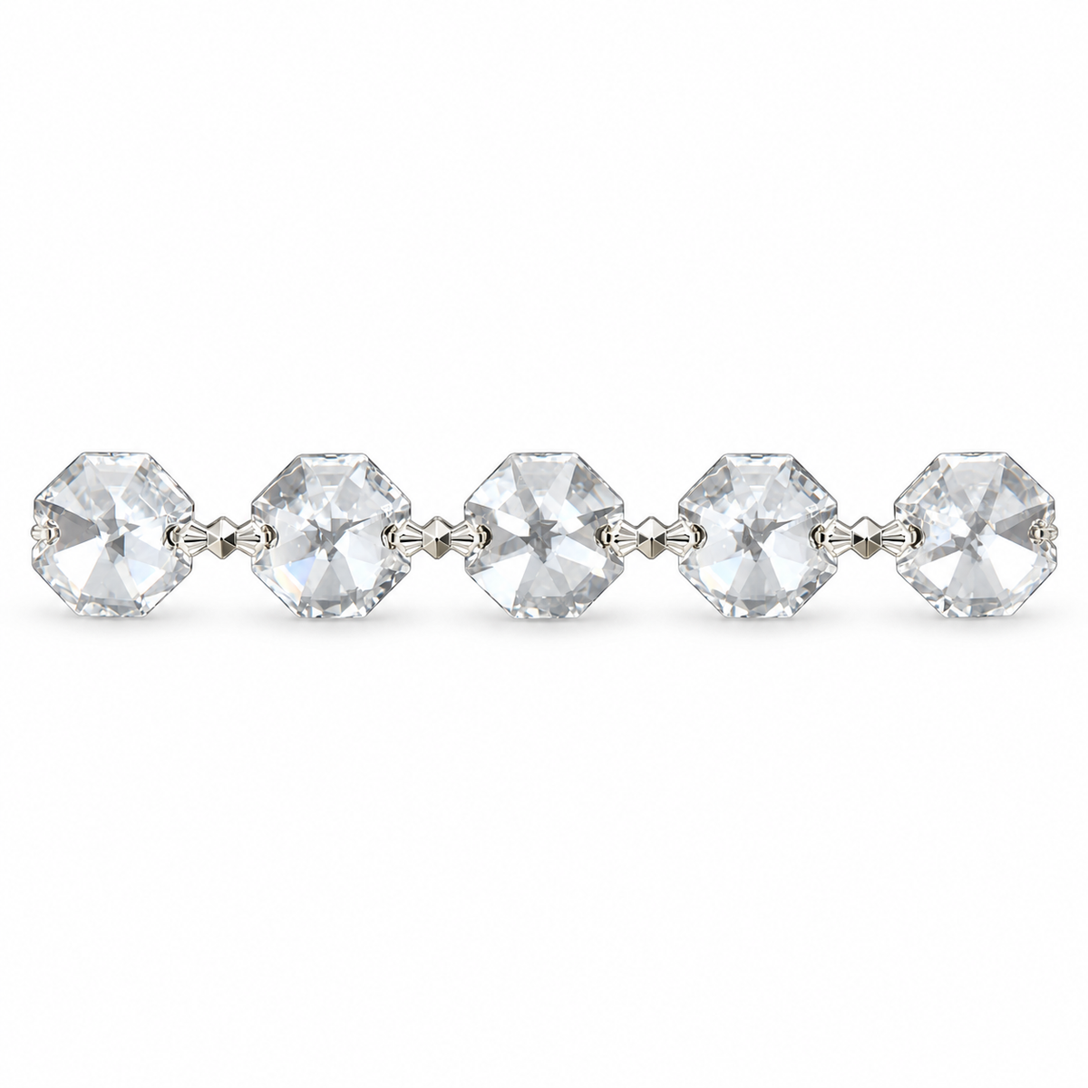 Five-jewel detail of Tianguang 14 mm faceted crystal chain with nickel-tone bowtie clips, sold per meter