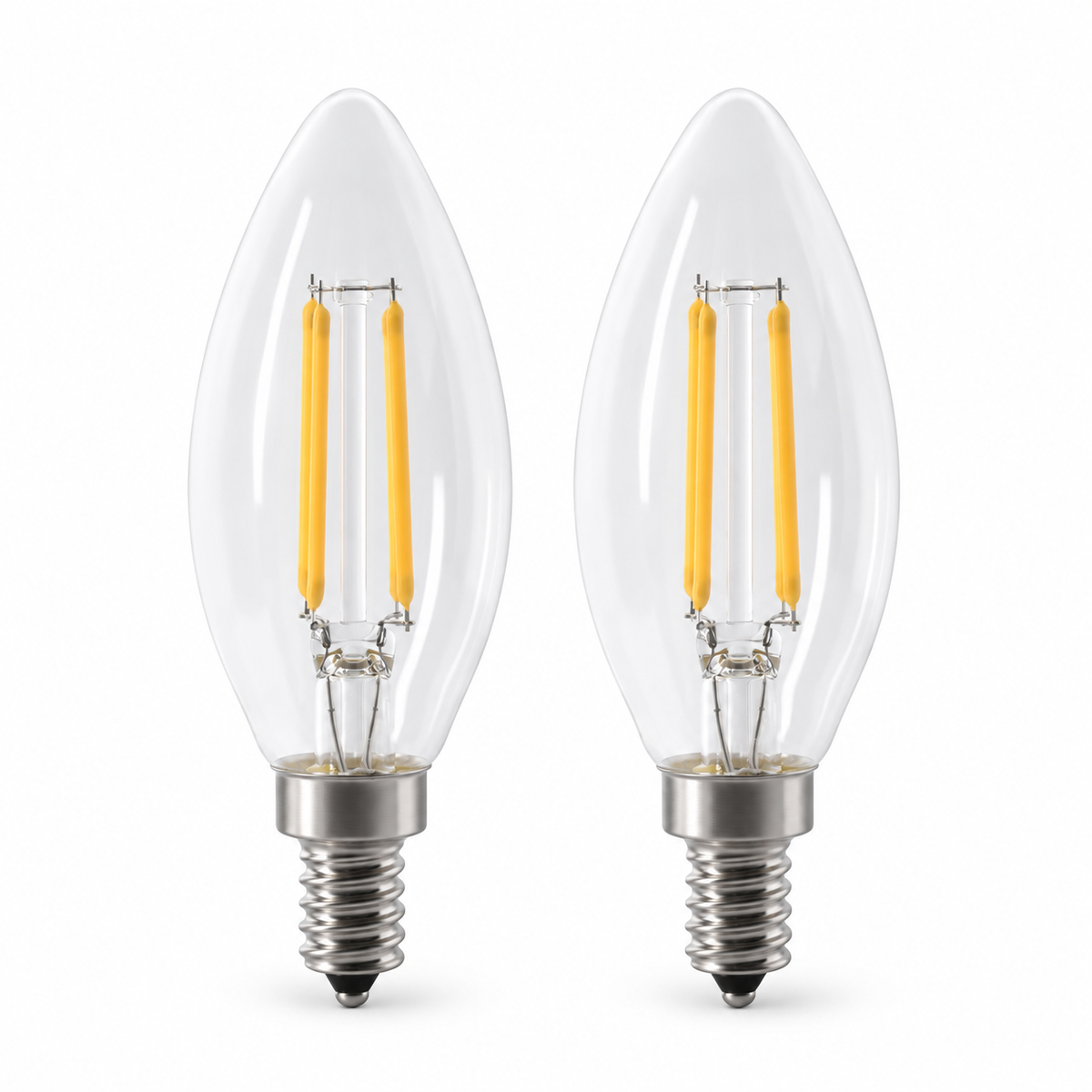 Two Tianguang clear B10 LED candle bulbs with yellow filaments and E12 screw bases