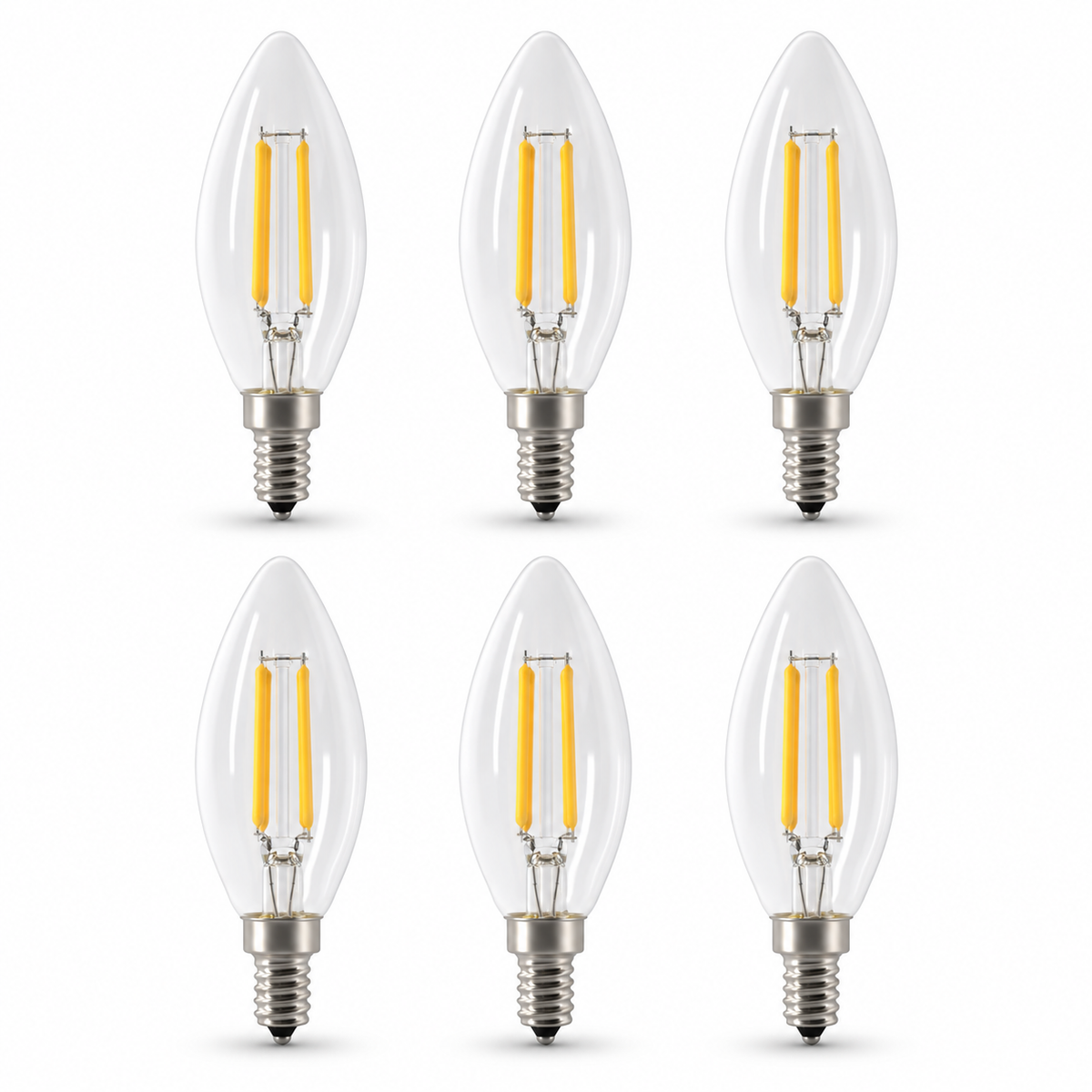 Six Tianguang clear B10 LED candle bulbs with yellow filaments and E12 screw bases