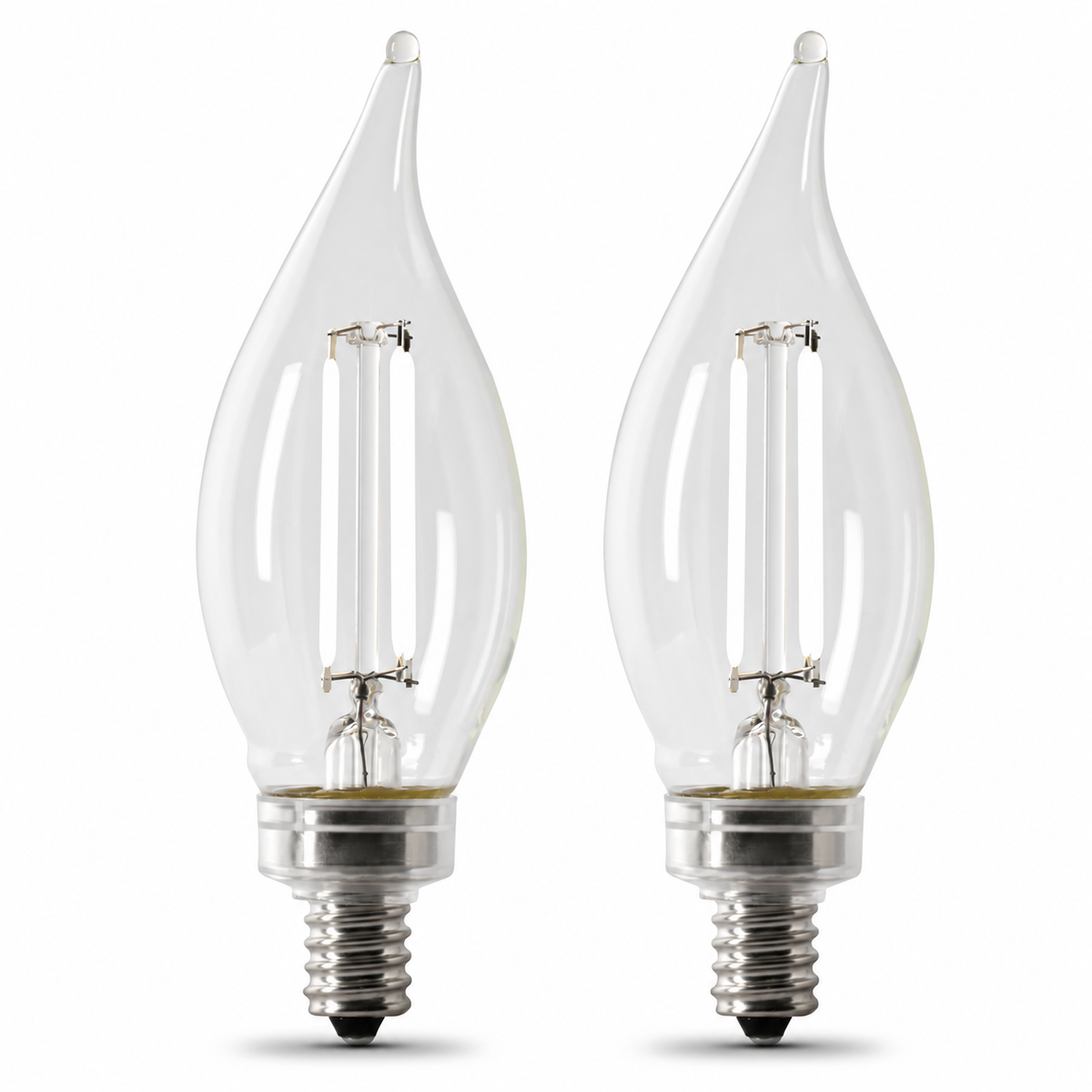 Two Tianguang clear BA10 flame-tip LED bulbs with white filaments and E12 screw bases