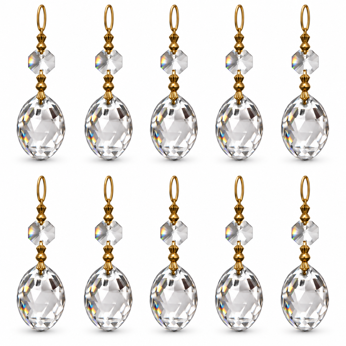 Ten Tianguang rounded faceted crystal drops, each with one octagonal upper bead and brass-tone hanging hardware