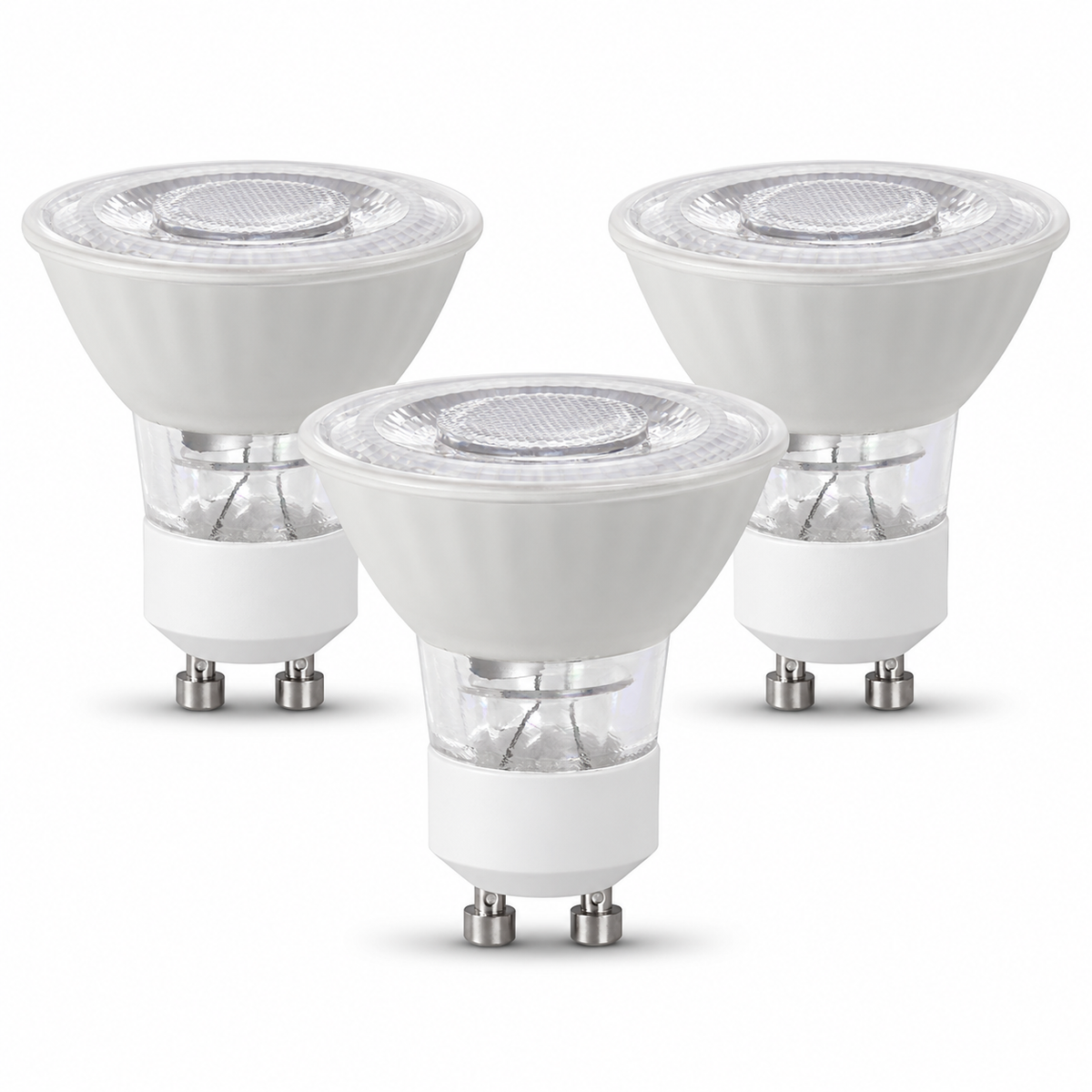 Three Tianguang PAR16 LED spotlights with clear front lenses and GU10 twist-lock contacts