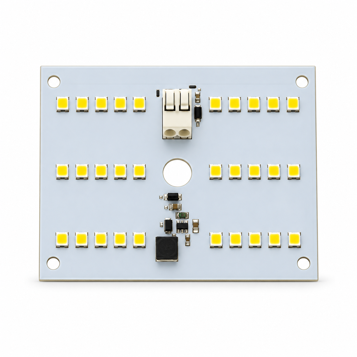 LED light-engine board with surface-mounted LEDs, four corner holes and wire terminals