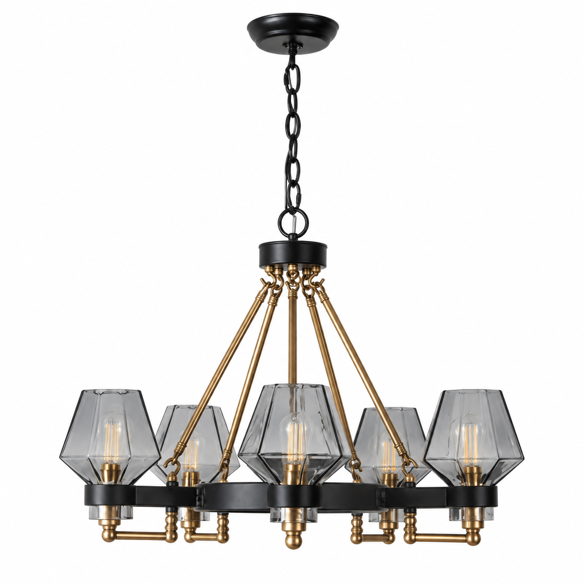 Tianguang five-light black and brass chandelier with smoke-gray faceted glass shades on a white background