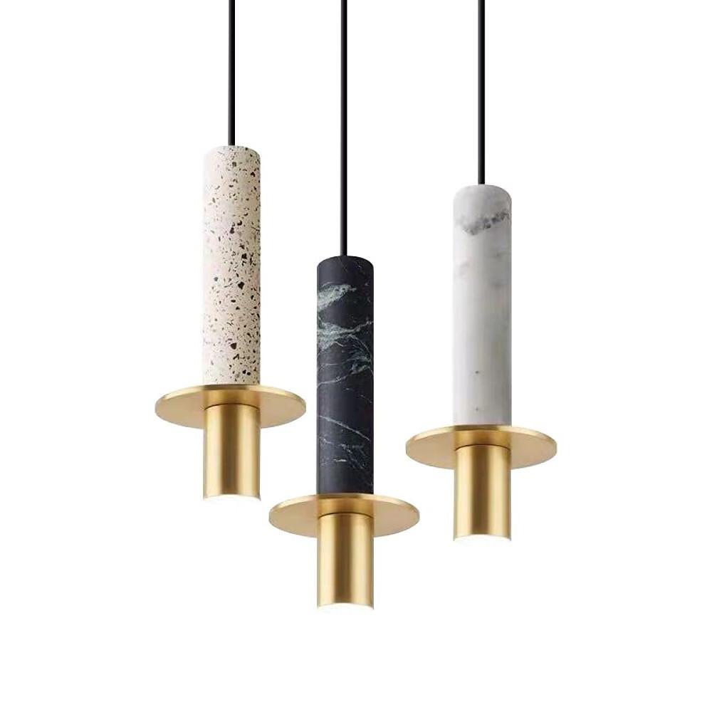 Cylindrical Mid Century Pendant Light Metal Marble LED